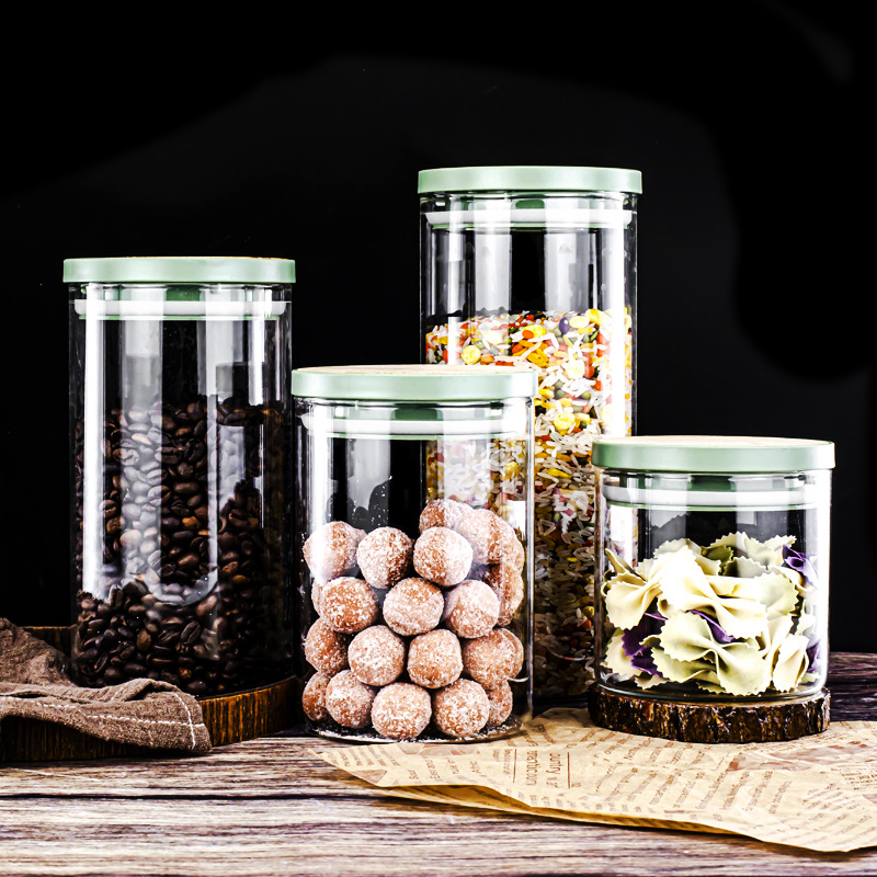 High borosilicate transparent glass sealed jar, bamboo lid, glass storage jar for grains and snacks, kitchen storage bottle, tea jar