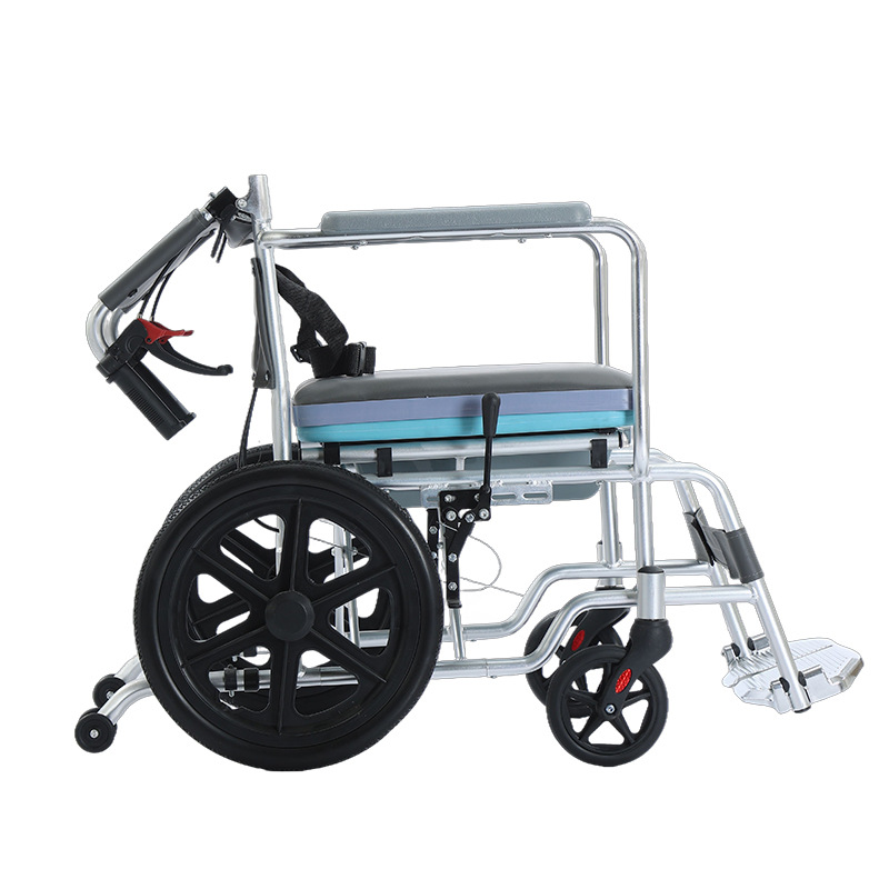 The aluminum alloy multi-functional wheelchair for the elderly can be used for bathing, has a toilet seat, and is lightweight and foldable. It is a manual trolley for the disabled full figure