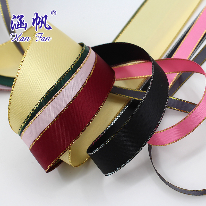 Venta directa de fábrica doble cara poliéster encriptado cinta de borde de oro accesorios de pelo hechos a mano material wholesale panadería caja de regalo de boda cinta details Picture