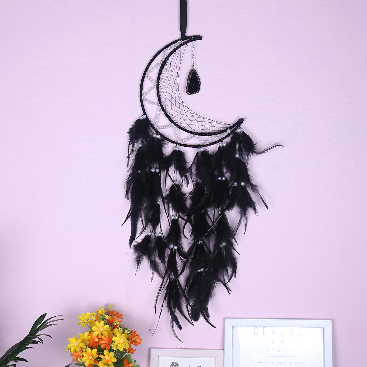 Cross-border exclusive Halloween Black Moon Dreamcatcher, Ghost Festival Feather woven Dreamcatcher, retro Moon Dreamcatcher details Picture