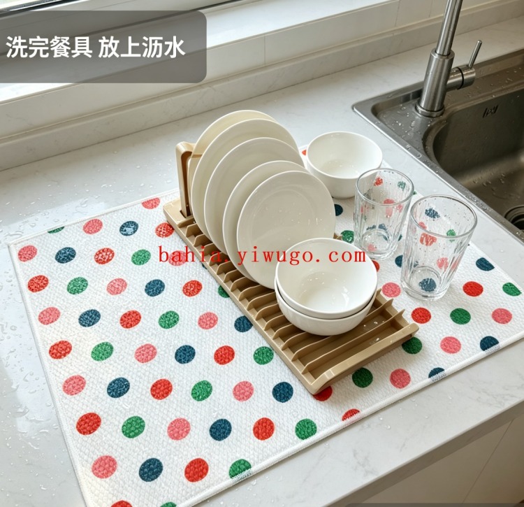 Colorful polka dot foldable draining mat, beige standing bowl stand set, home kitchen bowl and dish water control mat details Picture