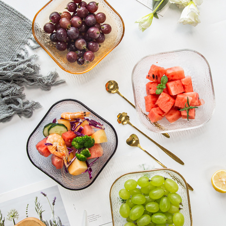 日式金边锤纹玻璃碗水果盘蔬菜沙拉碗盘北欧风家用创意网红甜品碗