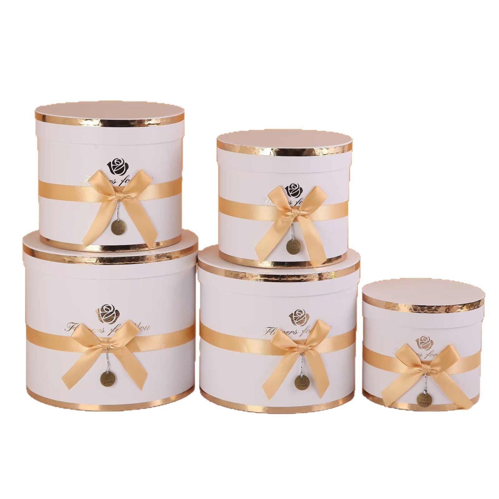 Round everlasting flower hug bucket gift box, bow with gold embossed birthday cake box, five-piece set packaging box and storage box Application Scenario