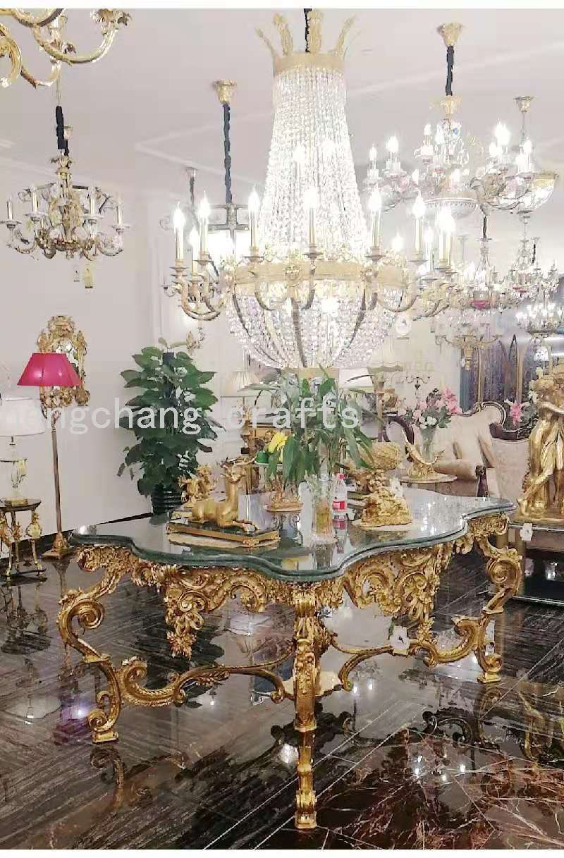法式热桌古色古香别墅星级酒店铜加墨绿色大理石大堂陈列桌细节图