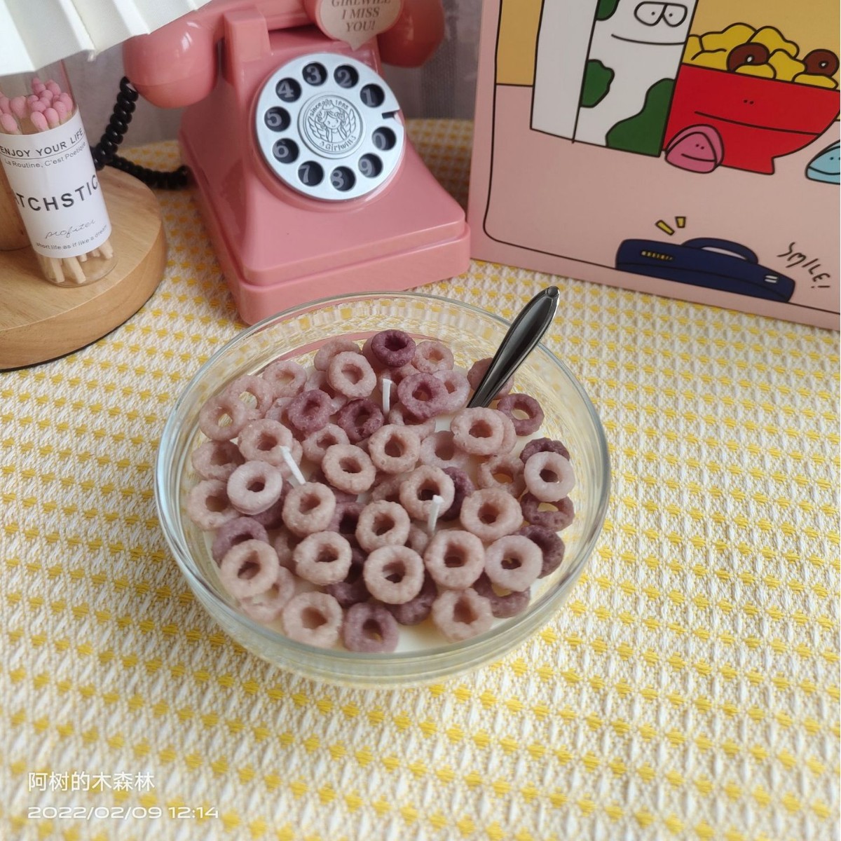 Cereal bowl, scented candle, simulation food toy, soybean wax, shooting prop, handcrafted creative gift, grain ring Specification drawing