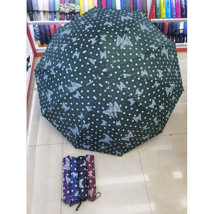 New three-fold umbrella, folding hand-opening portable umbrella, black plastic butterfly polka dot pattern umbrella, enlarged and thickened sunshade umbrella details Picture