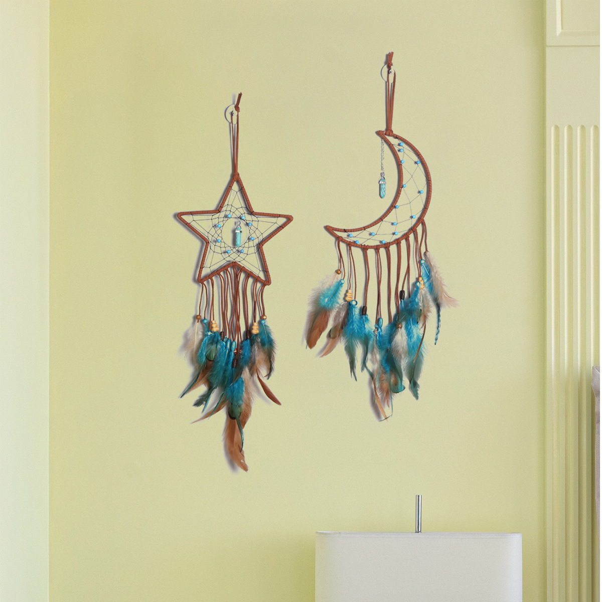 Moon and star dreamcatcher, turquoise pendant, dreamcatcher, wall decoration, wall hanging, wall decoration, room wall decoration, dreamcatcher details Picture