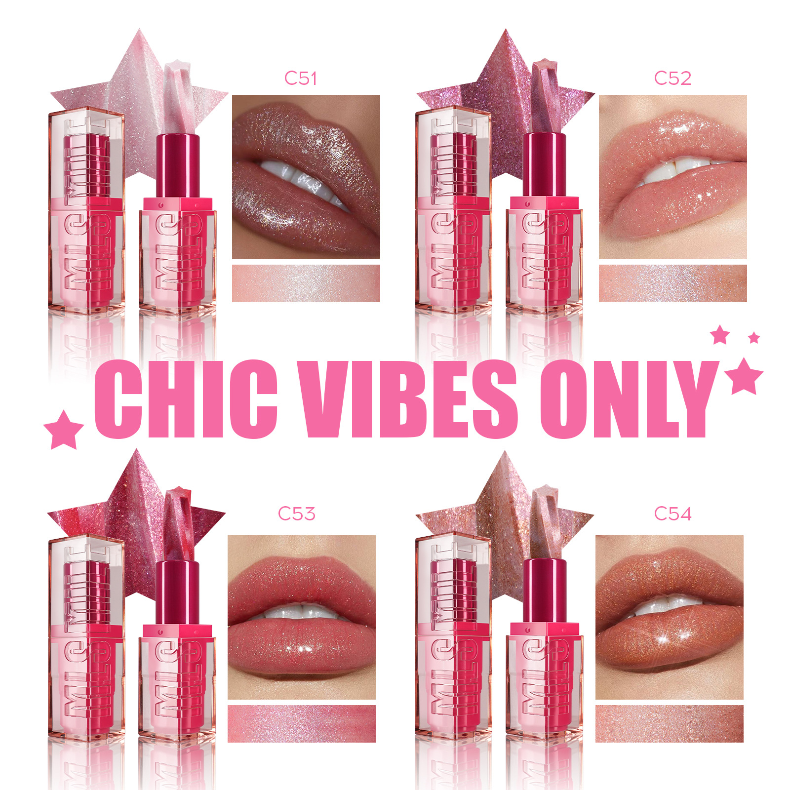 Four-color glittering five-pointed star spiral waterproof glitter cream luxurious lipstick, fashionable moisturizing and easy to apply lip gloss Item Picture