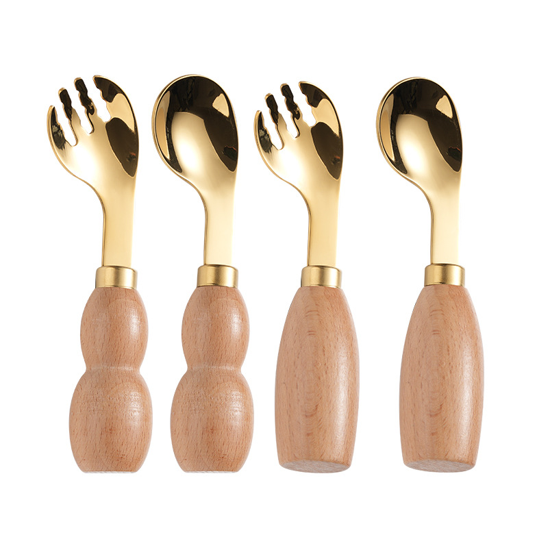 Wooden handle spoons, 316 stainless steel children's spoons, baby self-feeding spoons, baby complementary food curved spoon and fork tableware Application Scenario