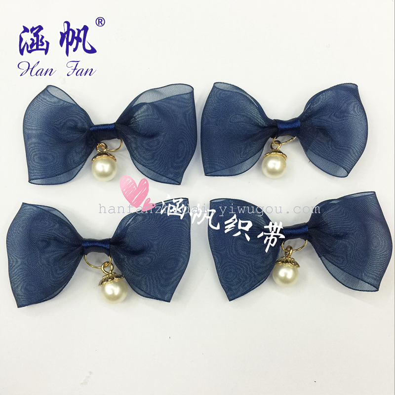 深蓝色纱质蝴蝶结珍珠吊坠唐卡铜镀金首饰银饰配件吉他项链饰品