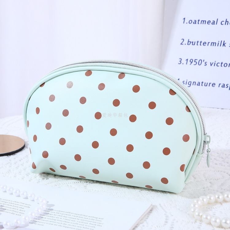 Polka dot shell cosmetic bag for girls, candy-colored cute semi-circular storage bag, waterproof PU portable skin care and cosmetic storage bag Specification image