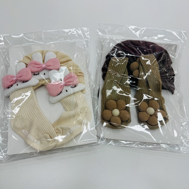 新款婴儿帽袜套装薄款欧美可爱花朵刺绣长袜子宝宝印度胎帽子套头