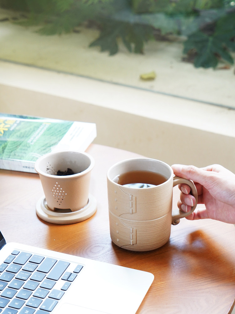 Lubao Ceramic office cups, personal dedicated tea cups with LIDS, tea-water separation office water cups, striving for excellence details Picture