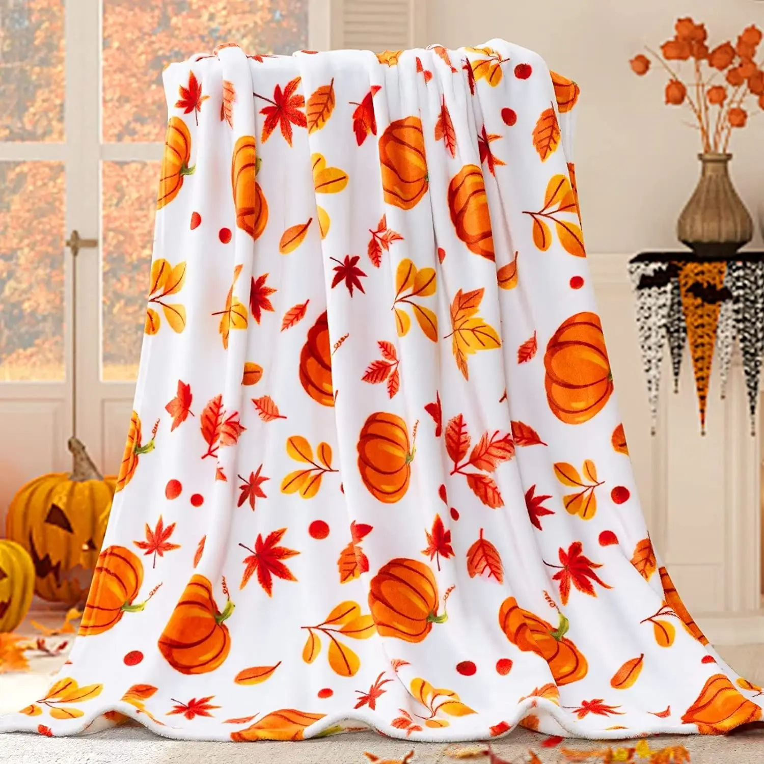 【 Elsie 】 Halloween Sofa Bed blanket Halloween Fall Thanksgiving Gift blanket Pumpkin and Ghost details Picture