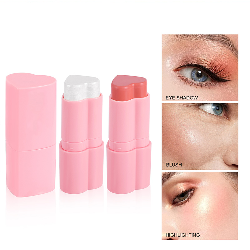 Blush stick, heart-shaped blush cream, Highlighter contour stick, facial brightening, color-changing and long-lasting pigment