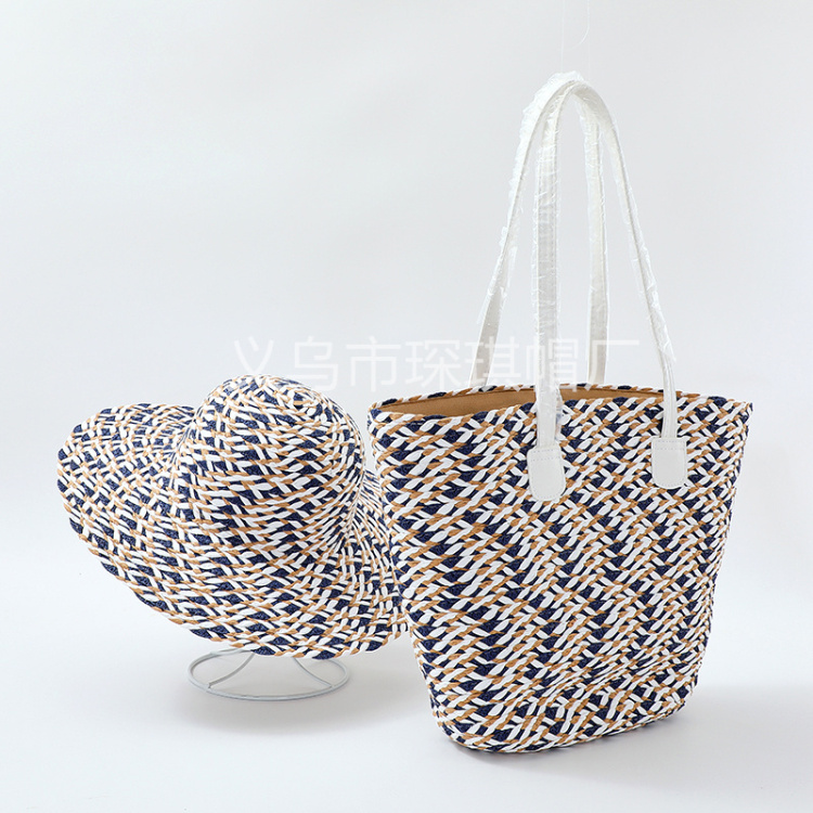 New cross-border women's large-capacity straw woven bag, straw hat, two-piece set, beach hat, beach bag, fashionable women's tote bag, foreign trade hat, women's straw woven beach details Picture