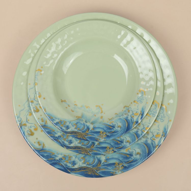 Melamine imitation porcelain tableware, shallow-edge flat plate, durable, green round, Chinese restaurant, hotel, dim sum, fruit plate, vegetable plate Item Picture