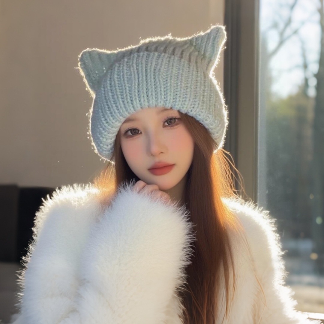 毛线帽秋冬款猫耳朵针织帽百搭显脸小套头帽保暖防寒加厚护耳帽子