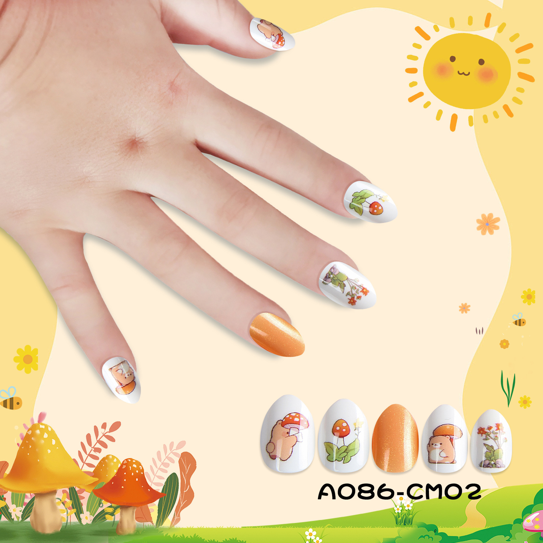 卡通蘑菇小熊儿童穿戴甲自粘美甲尖头杏仁甲24片欧美跨境热卖