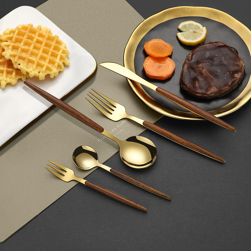 Cross-border best-selling stainless steel tableware with wood-like handles, wood-grain Portuguese gold knives, forks and spoons, steak knives and forks, coffee spoons and forks Specification image