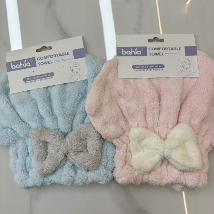 320gsm泡泡绒浴帽 纯色带蝴蝶结公主帽 洗头擦头干发帽细节图