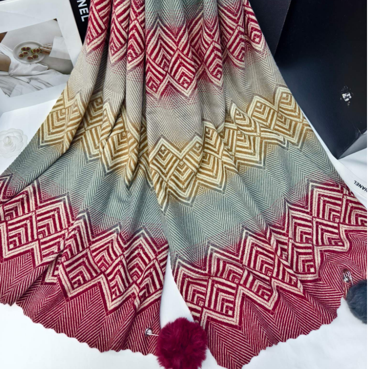 Cross-border scarf wholesale e-commerce live-streaming supply chain, new jacquard ruyi herringbone tassels and pom-poms Application Scenario