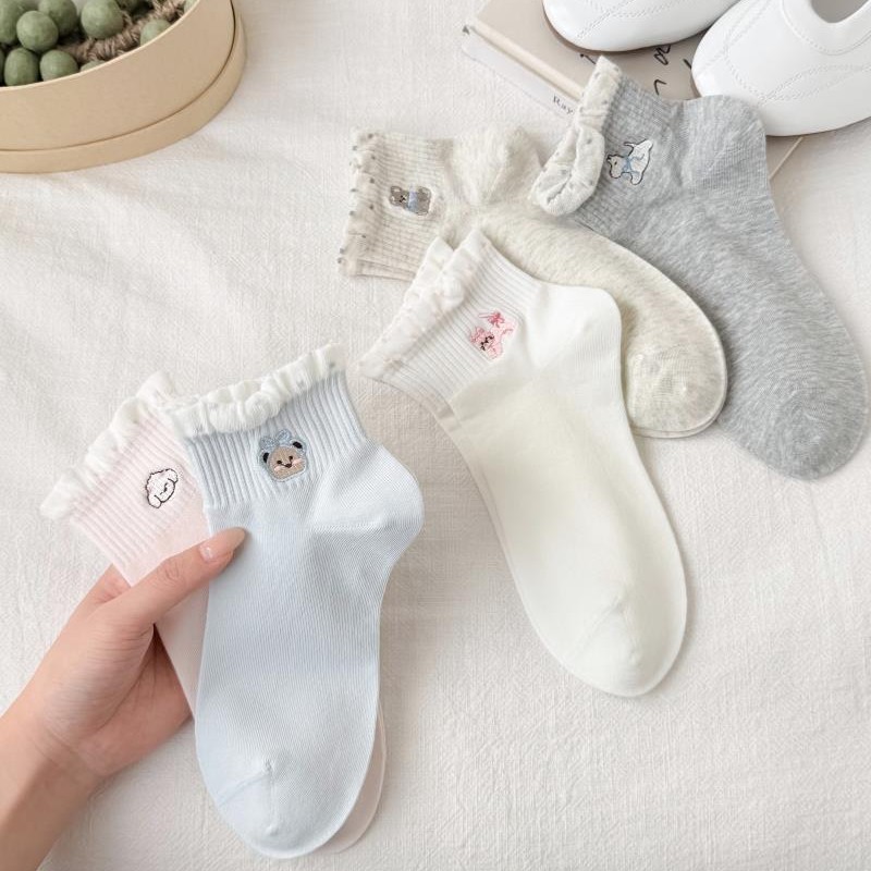 Boneless mesh mid-calf socks, black fungus edge embroidered little dog color-blocking pile socks, summer breathable and sweat-absorbing women's socks details Picture