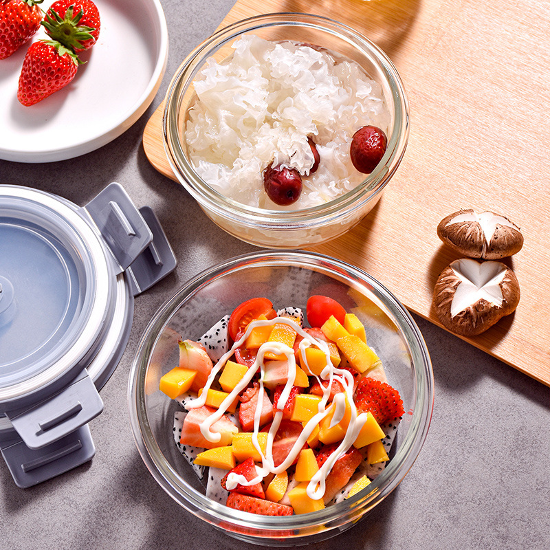 High borosilicate glass lunch box, microwave oven heating, office worker lunch box, sealed heat-resistant lunch box, covered glass bowl details Picture