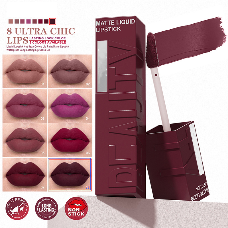 Velvet matte lip gloss set with 8-color square tubes offers a smooth and long-lasting luster