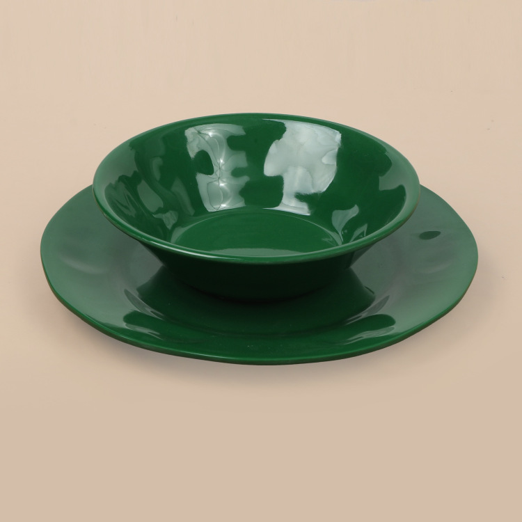 Green round melamine imitation porcelain flat plate, restaurant dish plate, soup bowl, commercial hotel deep plate, round plate, stir-frying plate Item Picture