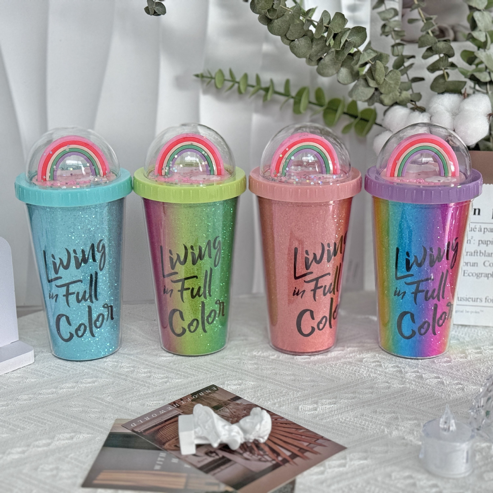 外贸新款塑料水杯批发夏日网红彩虹吸管杯微景观杯创意便携奶茶杯产品图