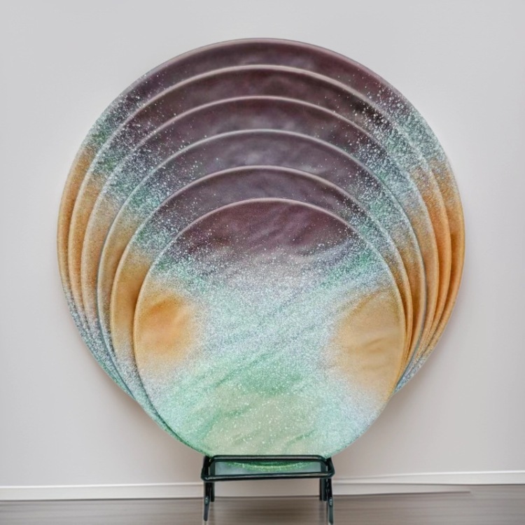 宋锦浮雕描金靠山图壁画卧室装饰画五区圆形渐变色盘