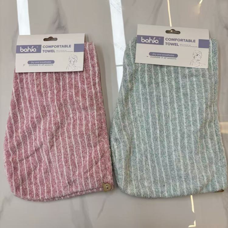 Coral fleece dry hair cap, absorbent quick-drying shower cap, white striped shower bag headscarf details Picture
