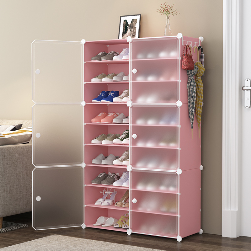 粉色玄关斜插式实木鞋柜双开门储物柜收纳盒