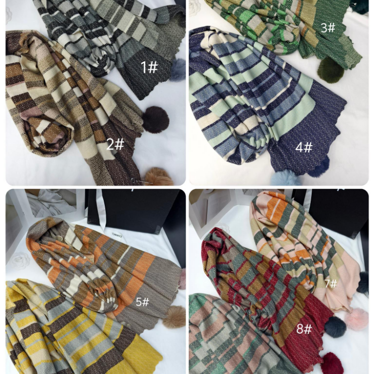 Cross-border scarf wholesale, e-commerce live streaming, supply chain, new jacquard herringbone, loop tassels and pom-poms Item Picture