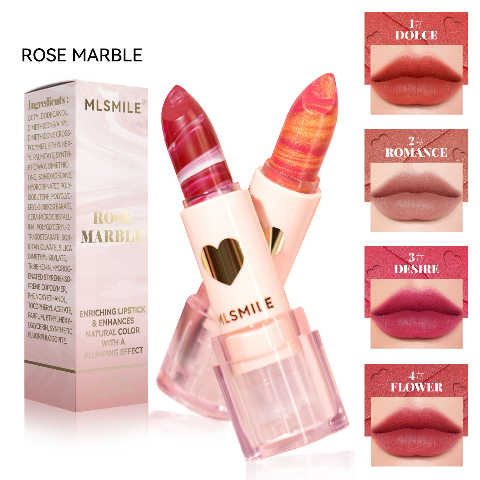 Four new matte marble-patterned lipsticks with satin finish. The matte texture is moisturizing and hydrating, and easy to apply Application Scenario