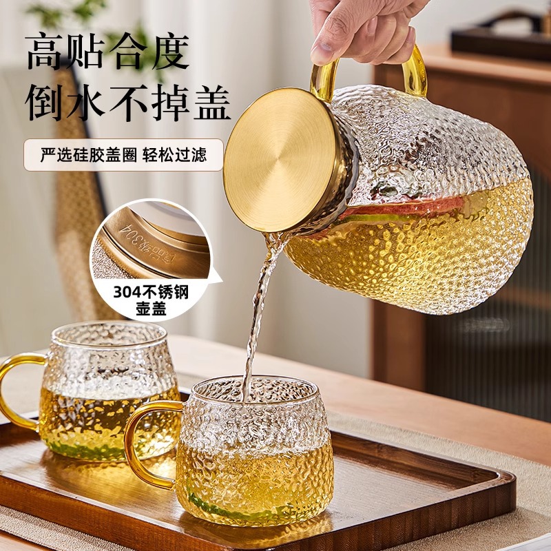 工厂直供高硼硅玻璃水壶家用耐高温轻奢冷水壶圆形锤纹凉水壶套装