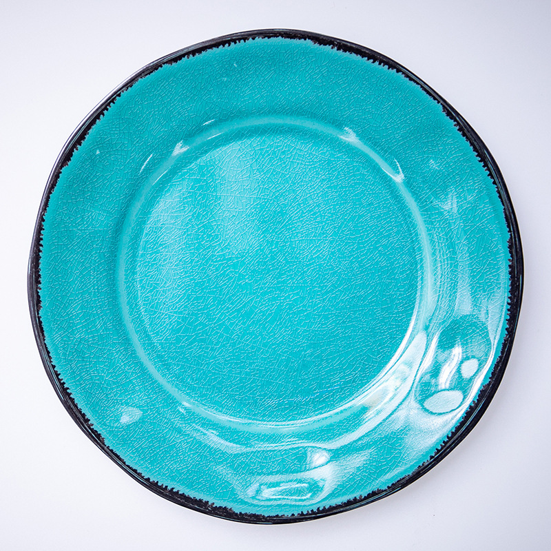 Wholesale of lake blue ice-patterned melamine tableware for restaurants, commercial anti-drop bowl and plate sets, LOGO production, pattern customization full figure