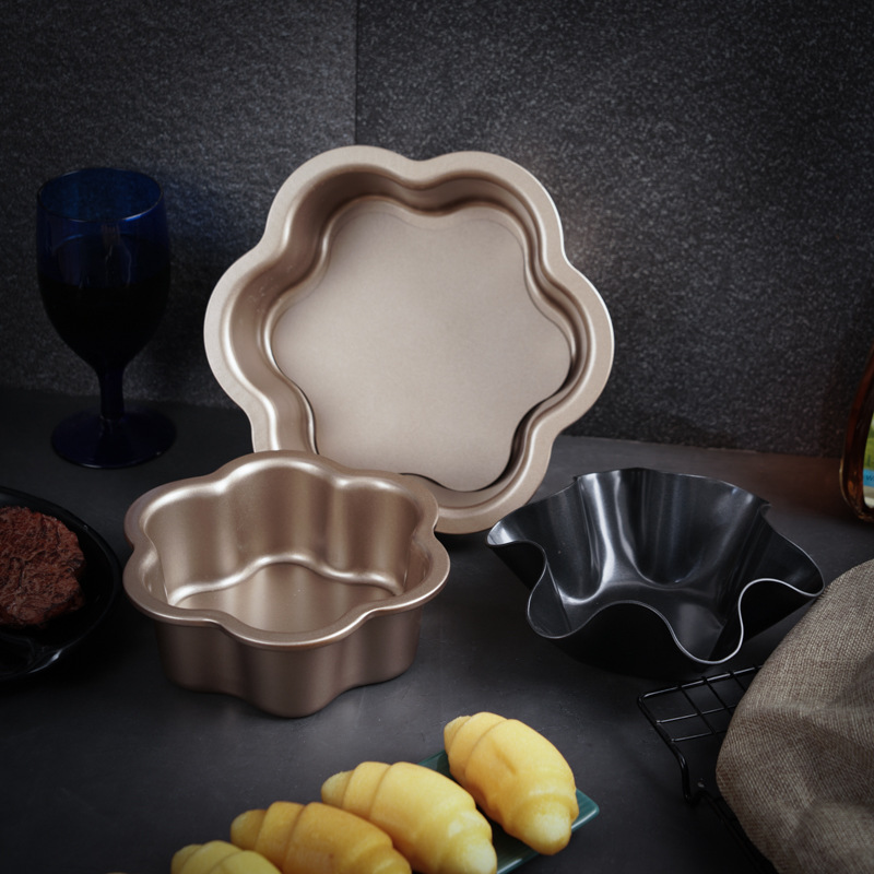 Plum blossom live base cake mold, 6-inch and 8-inch lace cake mold, household golden non-stick baking tray, oven baking tools details Picture