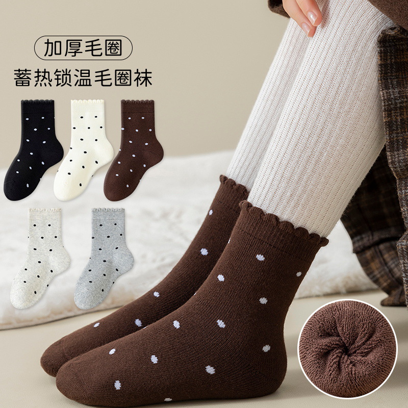 5 pairs of children's socks with fleecy, thickened, black fungus edge polka dot, girls' mid-calf socks, Japanese ballet-style autumn and winter long socks Specification image