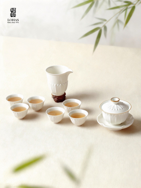 Lu Bao's new product, the Song Dynasty Charm Ding Kiln Lotus Pattern Covered Bowl Tea Set, is an elegant gift box for elders, friends, leaders and clients Item Picture
