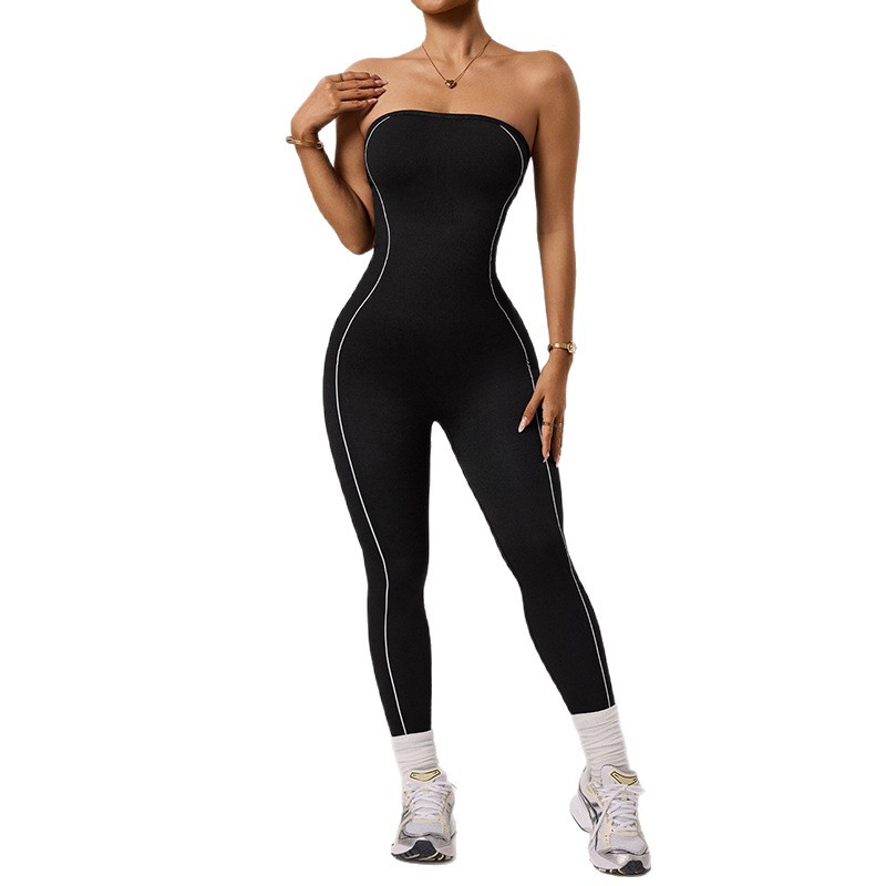 跨境一字肩抹胸式滴胶防滑运动连体裤女后V腰修身收腹提臀连体衣产品图