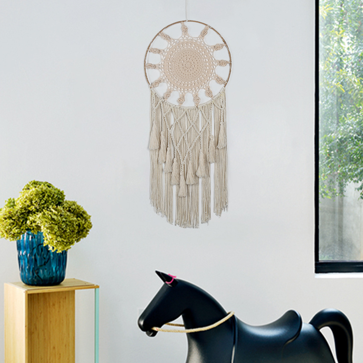 米色玫瑰款手工编织捕梦网装饰挂件婚庆布置墙上卧室民宿创意挂毯