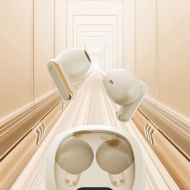Beige wireless Bluetooth over-ear non-in-ear headphones and charging case Application Scenario