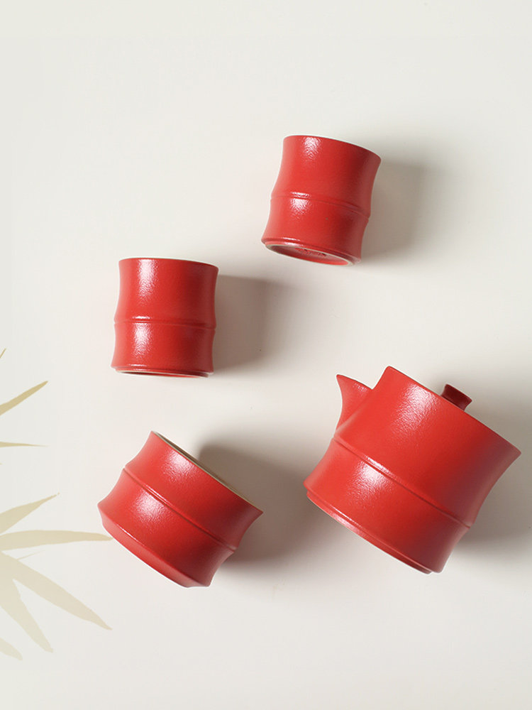 Taiwan Lu Bao 2025 New Tea Set, one pot and three cups, red festive bamboo joint cup and teapot, Rich bamboo year after year Specification image