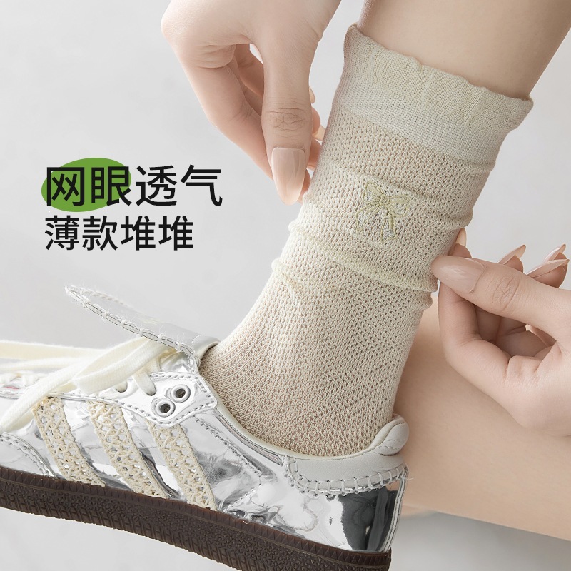 Summer thin mid-calf socks for women with mesh hollowed-out cute cartoon animal embroidery lace long calf cotton socks for women details Picture
