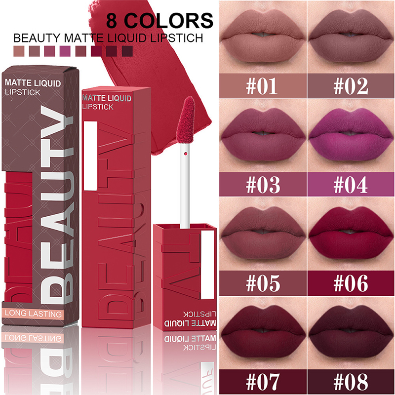 Velvet matte lip gloss set with 8-color square tubes offers a smooth and long-lasting luster details Picture