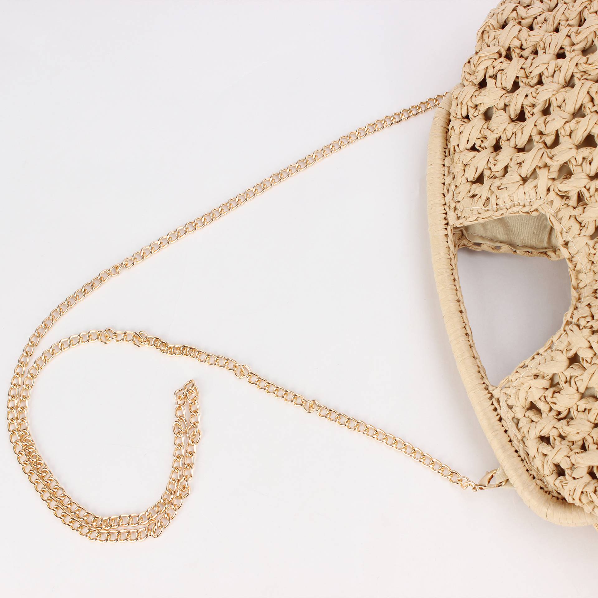 Beige woven bag, golden chain single-shoulder crossbody bag, women's fashionable handbag Item Picture