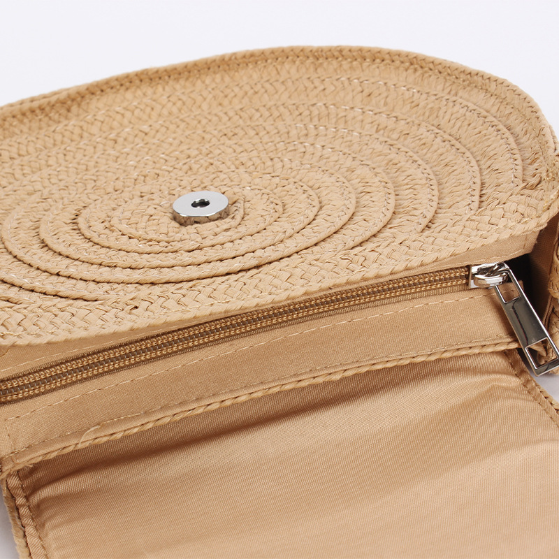 Retro paper rope tassel small round flat bag, cute and simple woven bag, solid color, versatile, travel and vacation crossbody women's bag details Picture