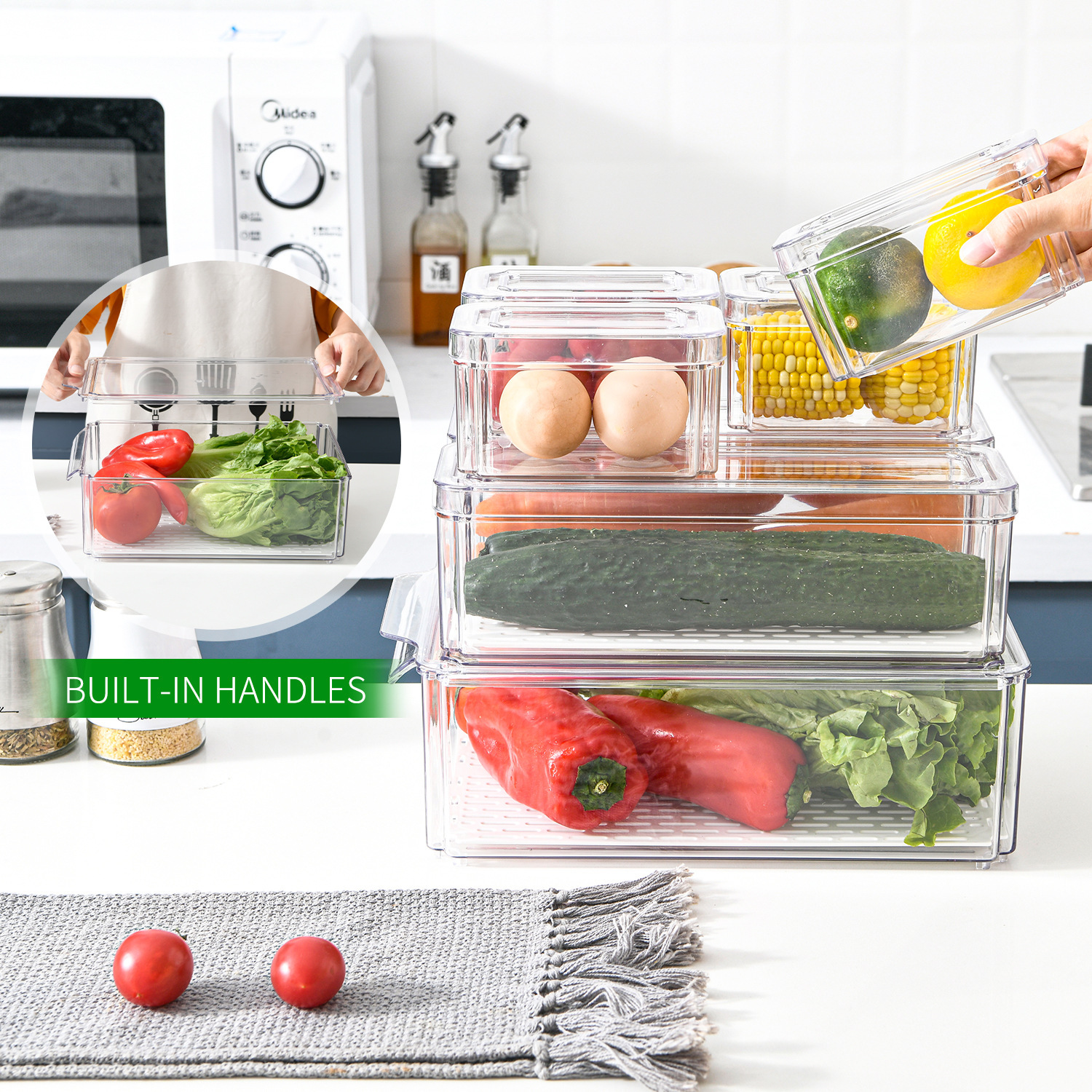 New 10-piece refrigerator storage box set, water-draining and fresh-keeping box for vegetables and fruits, transparent refrigerator storage box for coarse grains and food details Picture